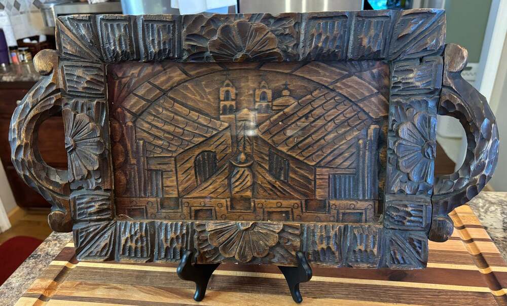Vintage Mexican Folk Art Hand Carved Wood Glass Serving Tray 20" Cathedral